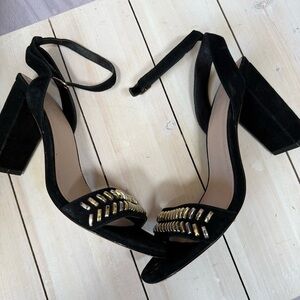 SANDRO PARIS Black Suede Sandals Gina Block Heels Studded Size 39 US 8.5